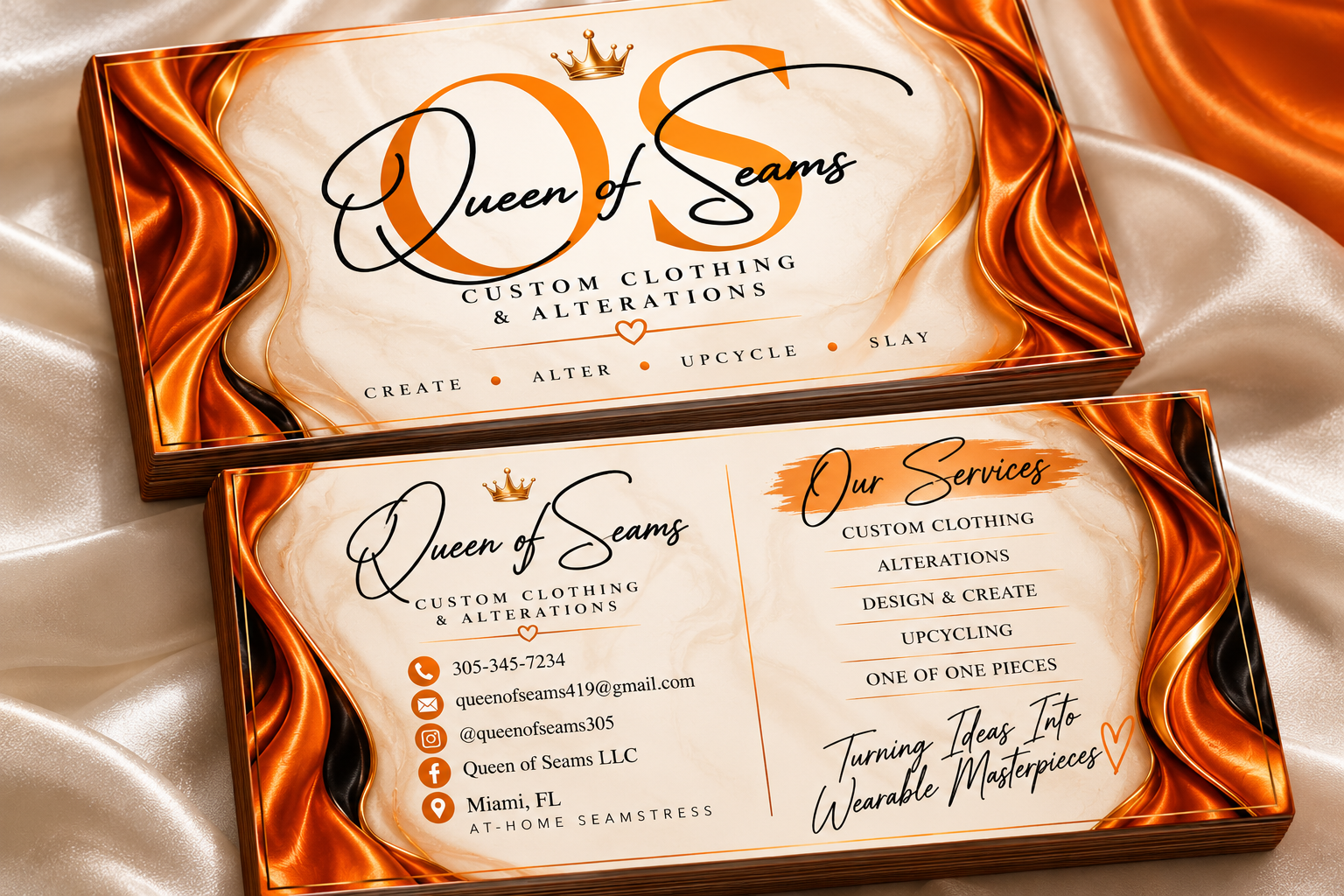 Queen of Seams luxury cream and copper business card design