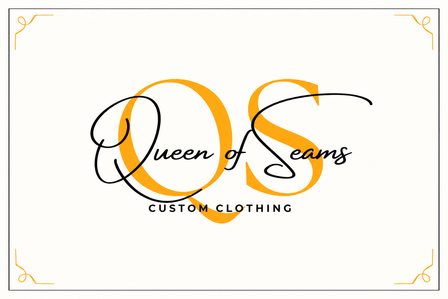 Original Queen of Seams logo: orange QS monogram with black script